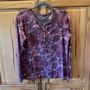Lucky Brand Purple Muted Floral Print Long Sleeve Henley Tee